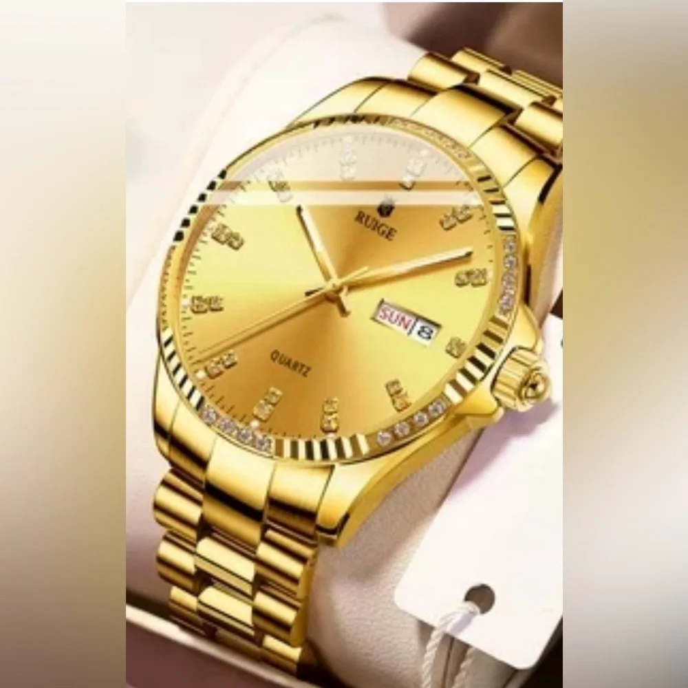 NIB Gold Ruige Stainless Steel Quartz Watch with Crystal Accents